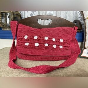 Macrame Handbag Red Crochet Lined White Charms Purse Shoulder Bag